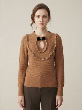 othee Coquette Brown Knit Sweater with Velvet Bow & Pearl Trim Size 8